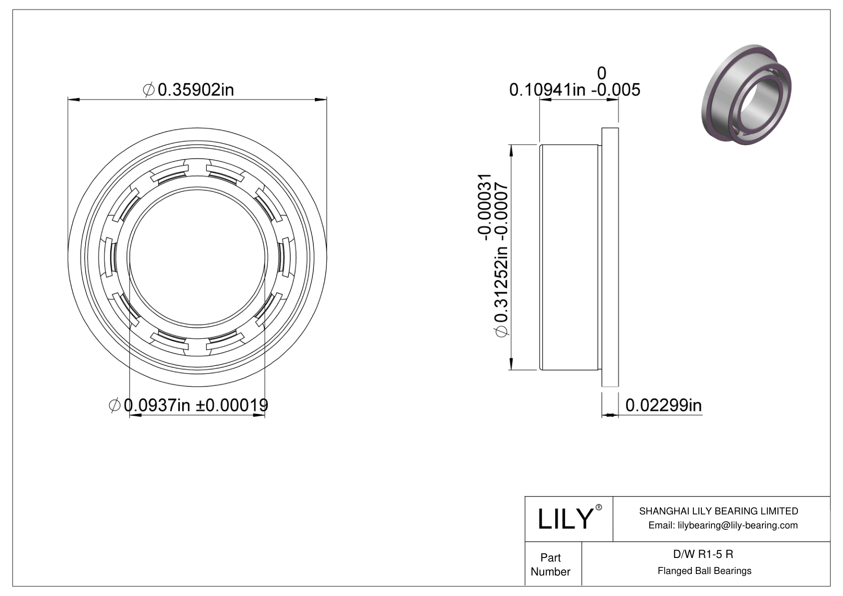 D/W R1-5 R Rodamientos de bolas con pestaña cad drawing