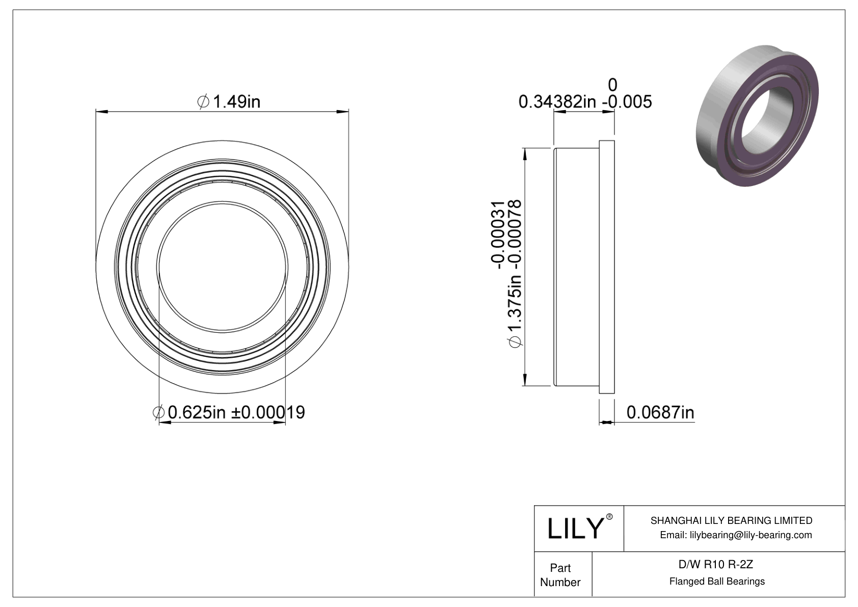 D/W R10 R-2Z Rodamientos de bolas con pestaña cad drawing