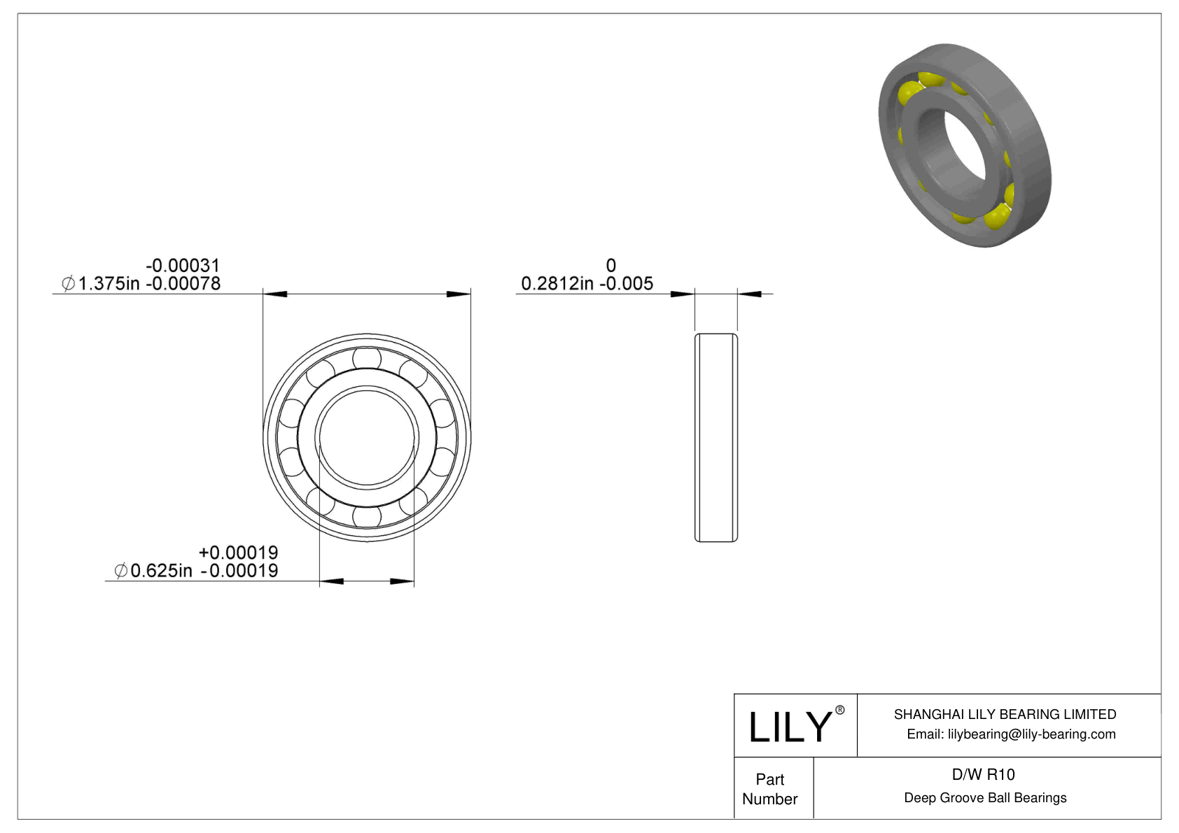 D/W R10 Stainless Steel Deep Groove Ball Bearings cad drawing