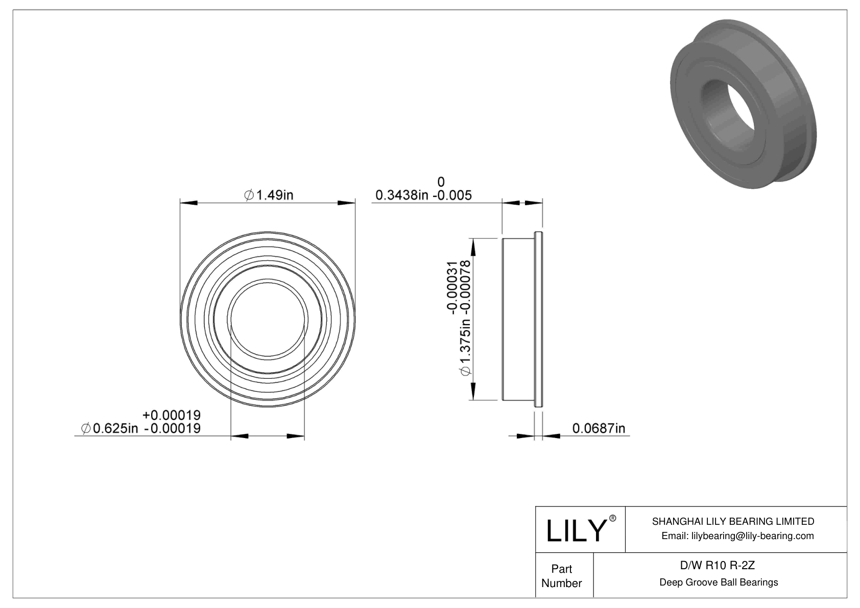 D/W R10 R-2Z Flanged Ball Bearings cad drawing