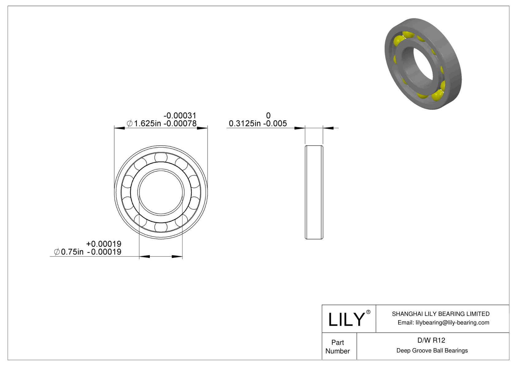 D/W R12 Stainless Steel Deep Groove Ball Bearings cad drawing