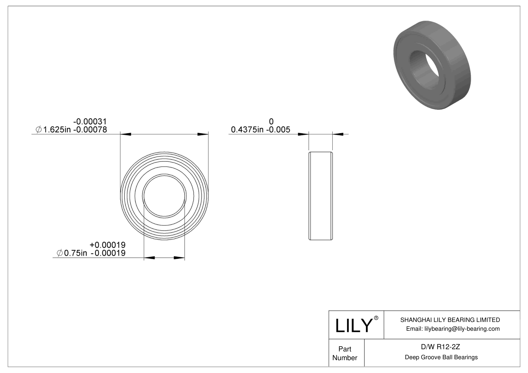 D/W R12-2Z Stainless Steel Deep Groove Ball Bearings cad drawing