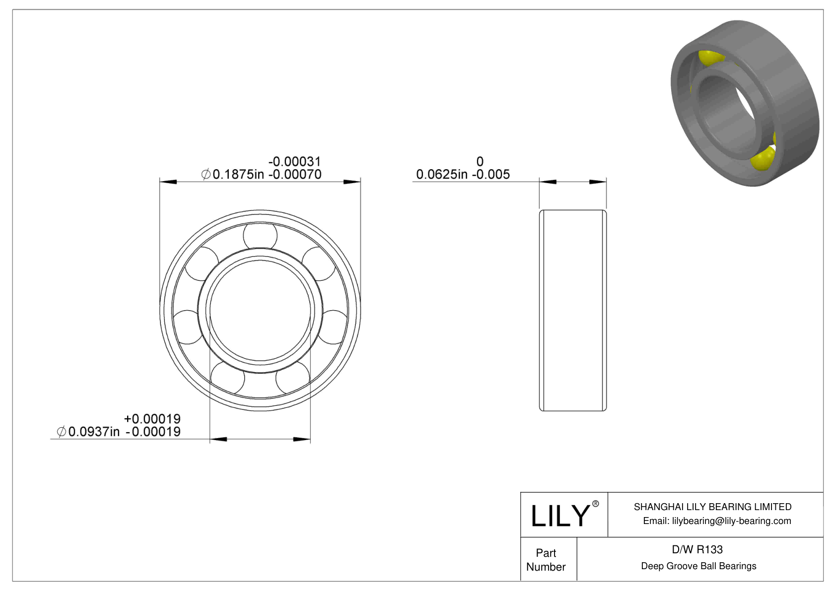 D/W R133 Stainless Steel Deep Groove Ball Bearings cad drawing