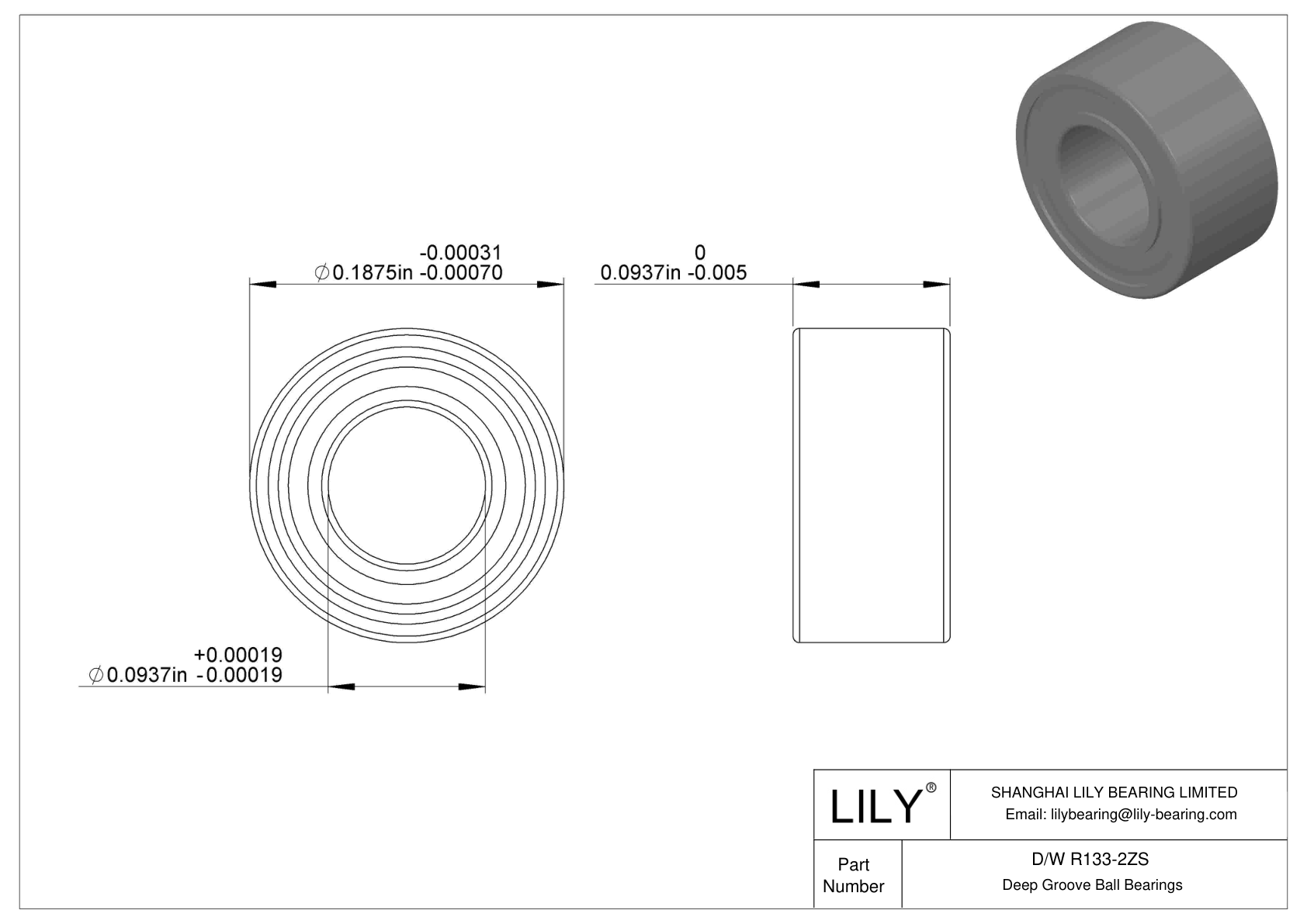 D/W R133-2ZS Stainless Steel Deep Groove Ball Bearings cad drawing