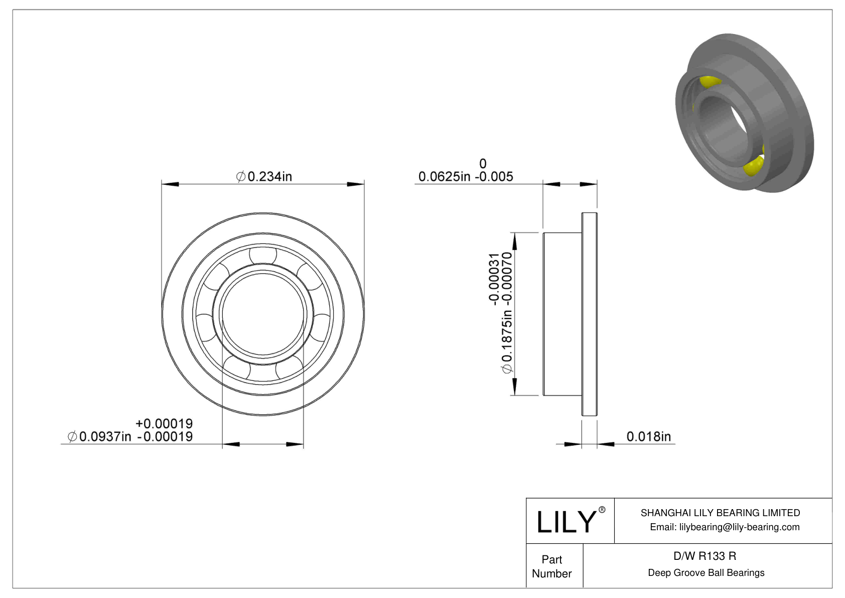 D/W R133 R Flanged Ball Bearings cad drawing