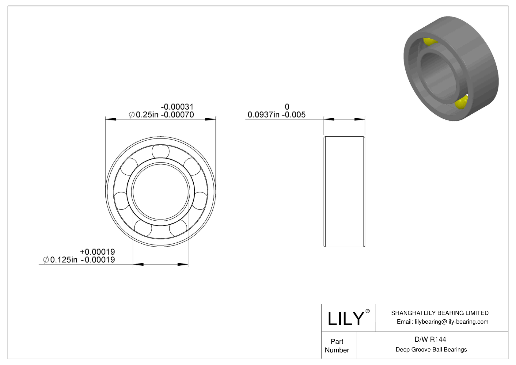 D/W R144 Stainless Steel Deep Groove Ball Bearings cad drawing