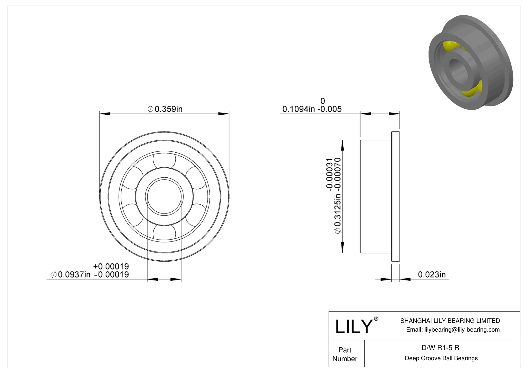 D/W R1-5 R Flanged Ball Bearings cad drawing