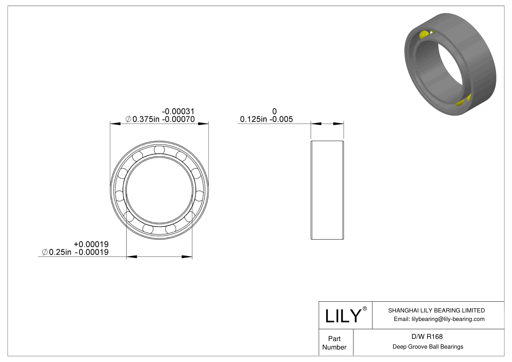 D/W R168 Stainless Steel Deep Groove Ball Bearings cad drawing
