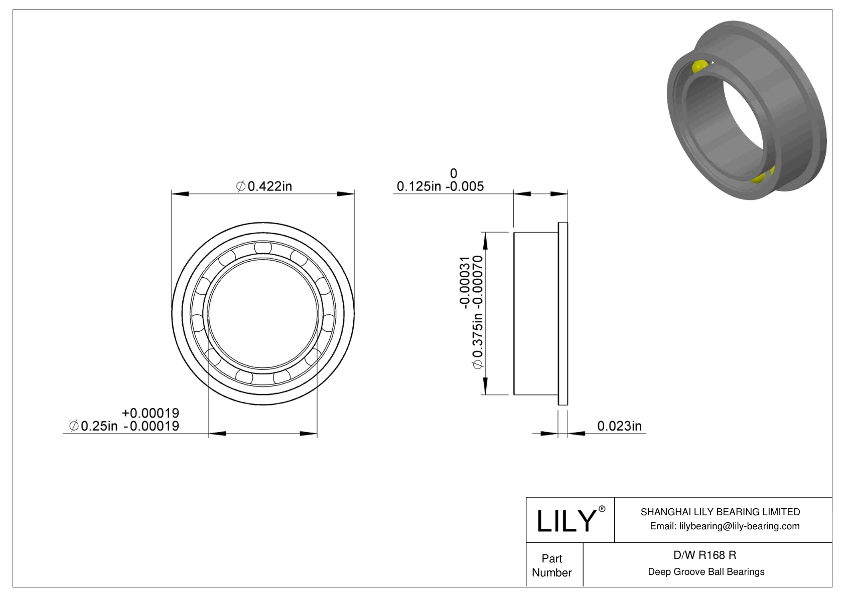 D/W R168 R Flanged Ball Bearings cad drawing
