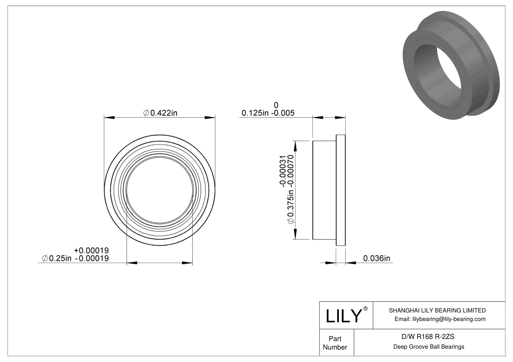 D/W R168 R-2ZS Flanged Ball Bearings cad drawing