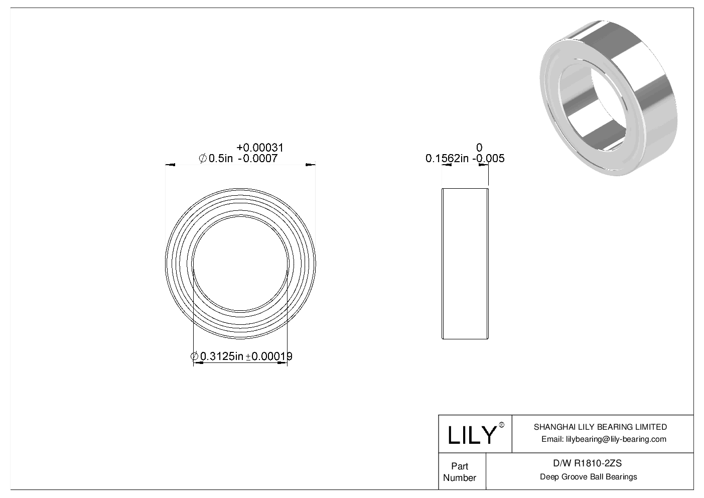 D/W R1810-2ZS Stainless Steel Deep Groove Ball Bearings cad drawing