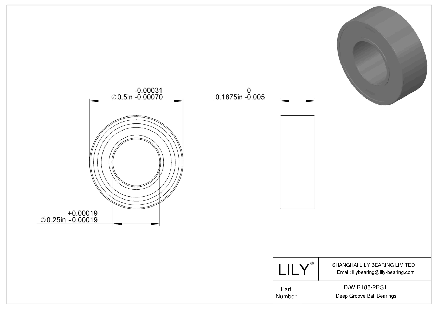 D/W R188-2RS1 Stainless Steel Deep Groove Ball Bearings cad drawing