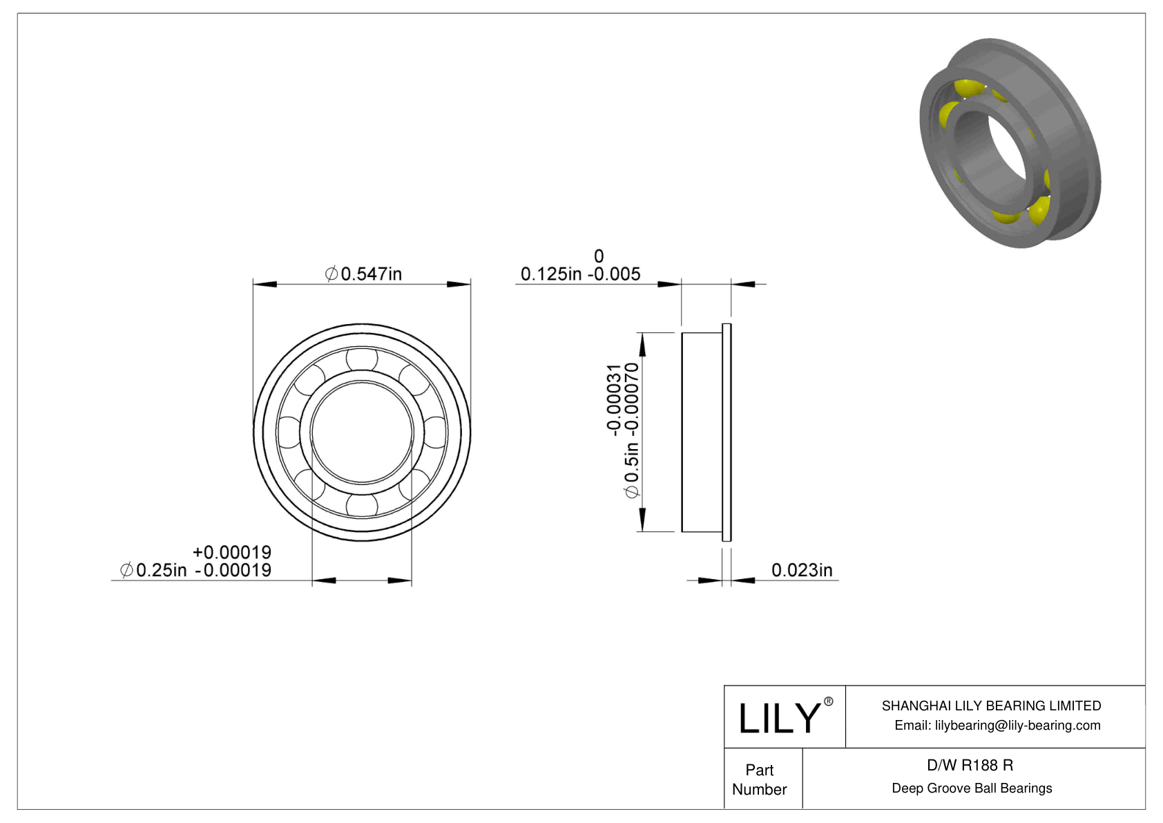 D/W R188 R Flanged Ball Bearings cad drawing