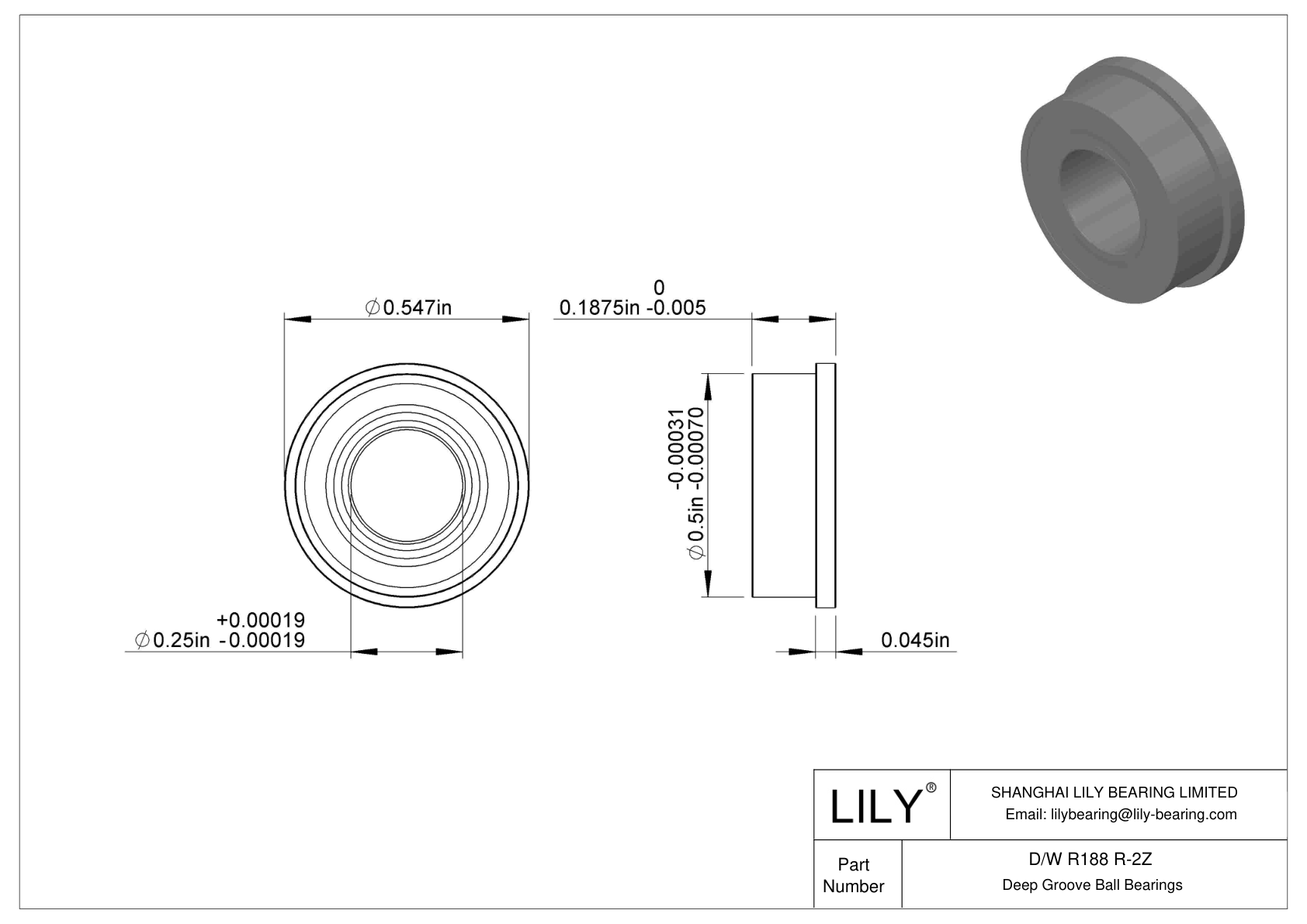 D/W R188 R-2Z Flanged Ball Bearings cad drawing