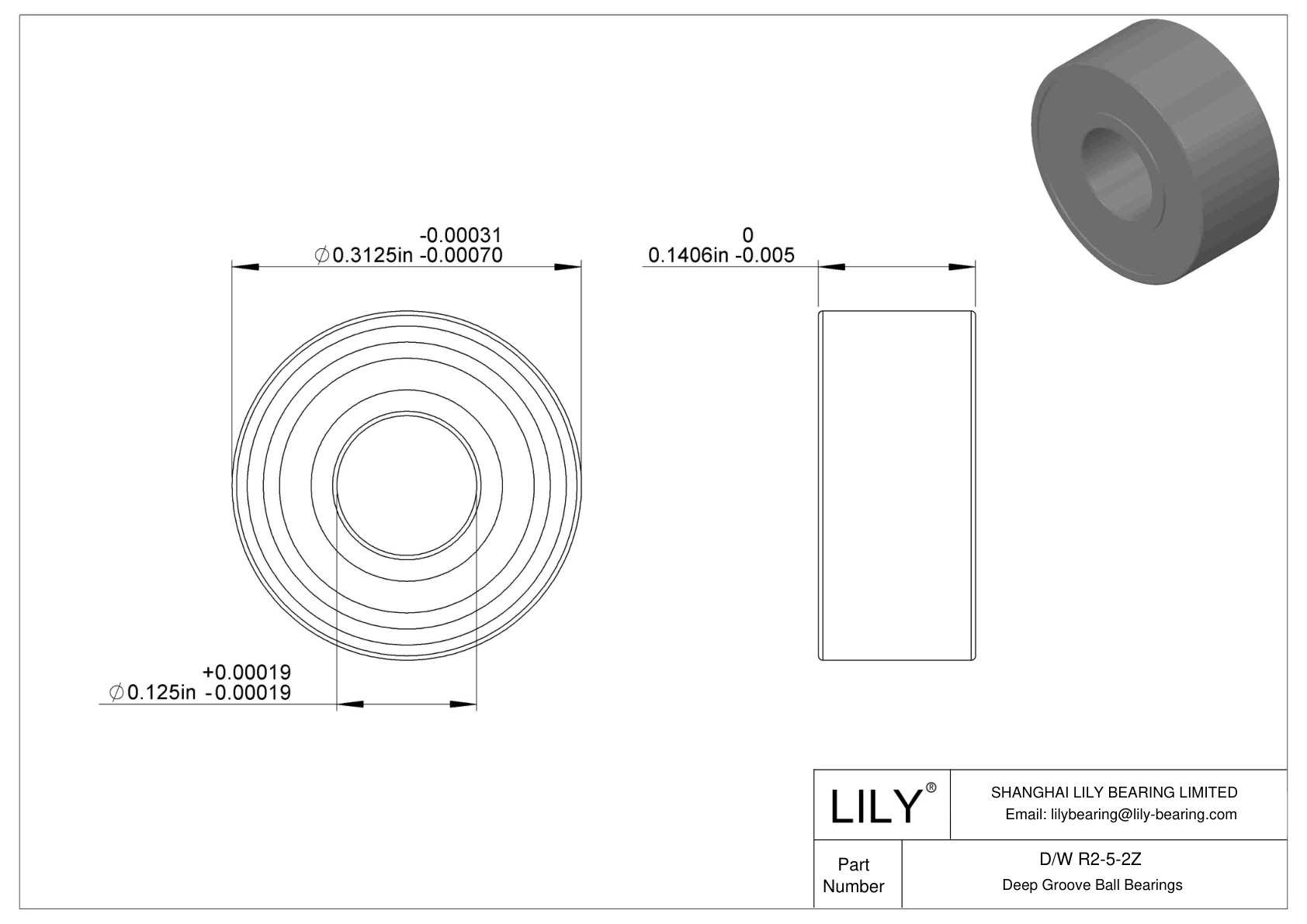 D/W R2-5-2Z Stainless Steel Deep Groove Ball Bearings cad drawing