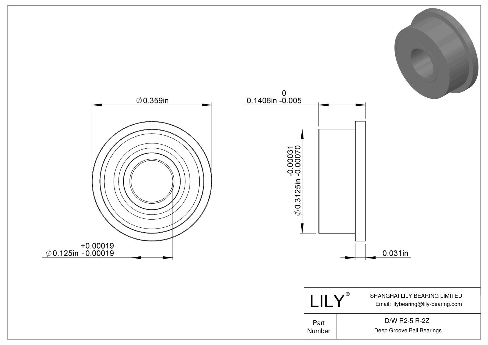 D/W R2-5 R-2Z Flanged Ball Bearings cad drawing