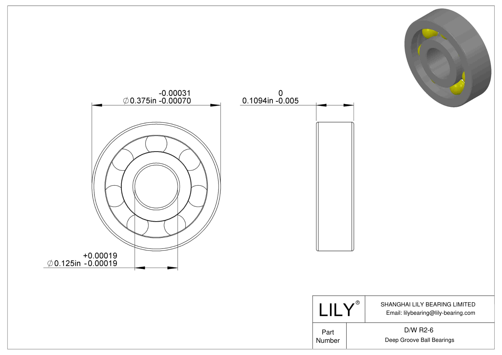 D/W R2-6 Stainless Steel Deep Groove Ball Bearings cad drawing