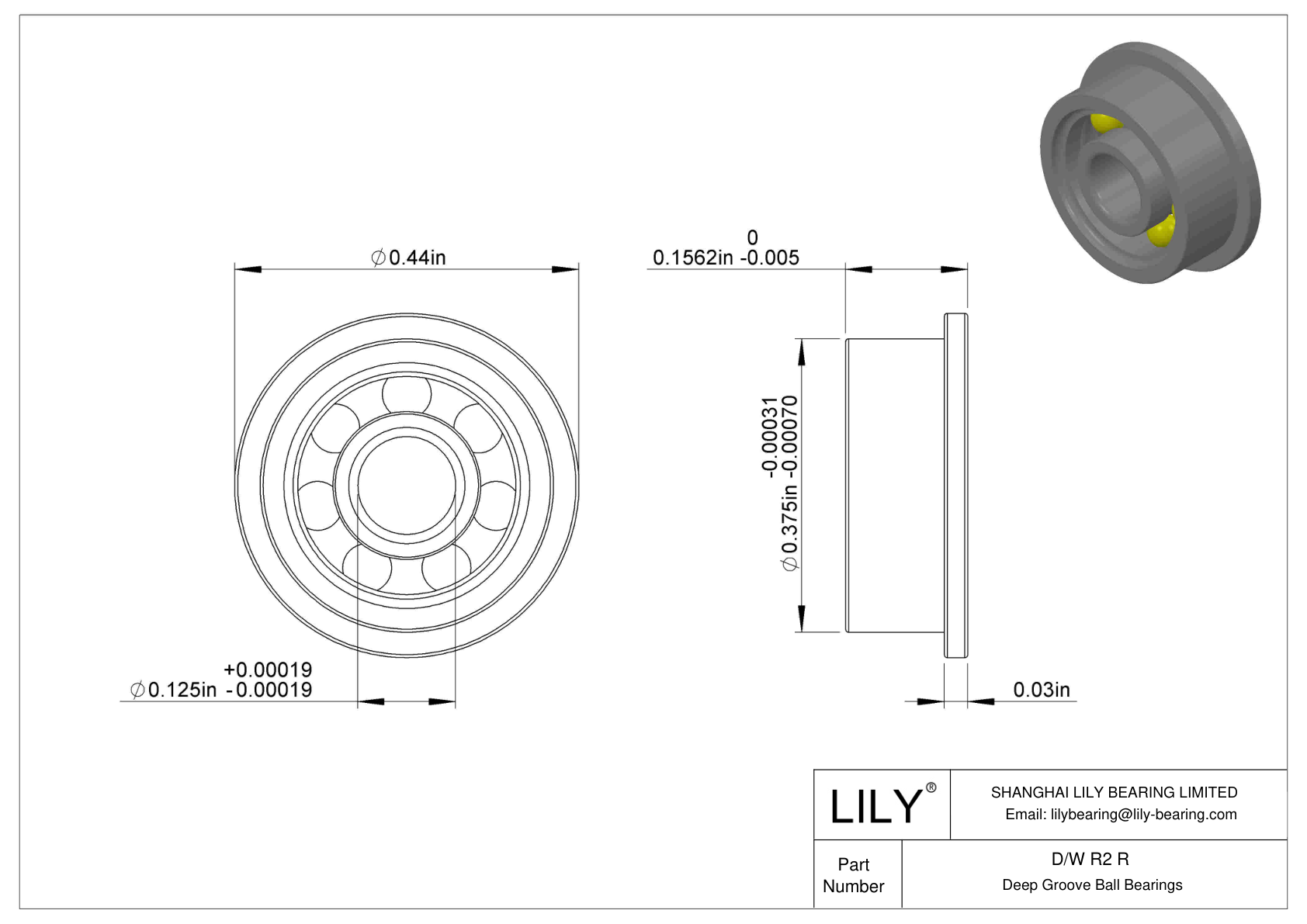 D/W R2 R Flanged Ball Bearings cad drawing
