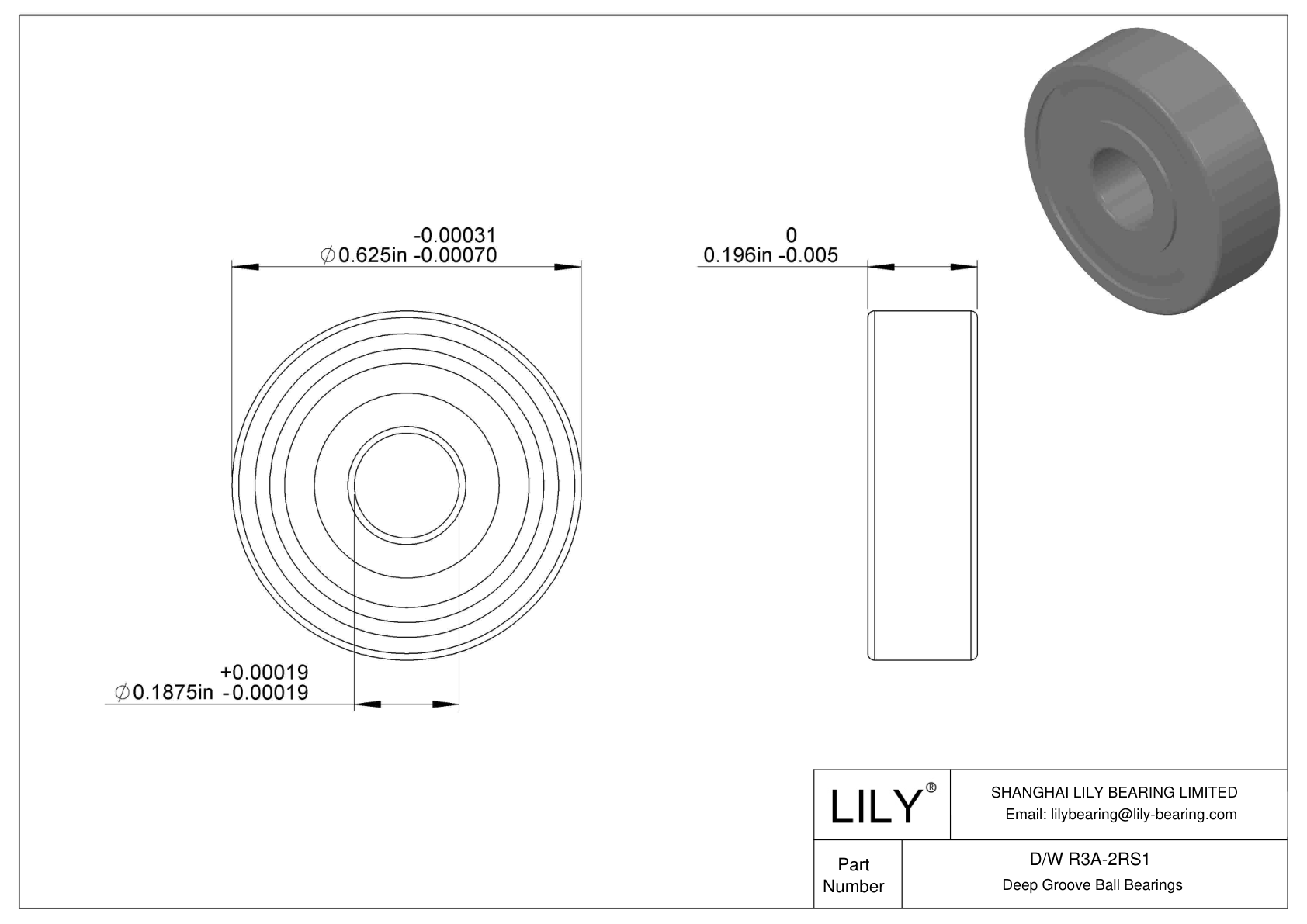 D/W R3A-2RS1 Stainless Steel Deep Groove Ball Bearings cad drawing