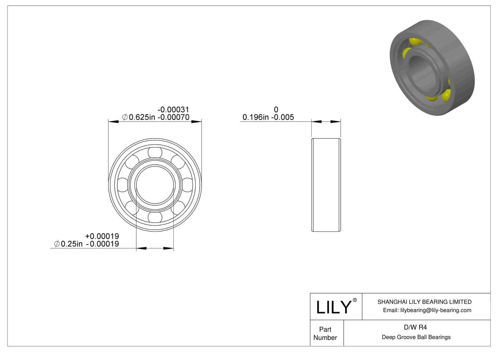 D/W R4 Stainless Steel Deep Groove Ball Bearings cad drawing
