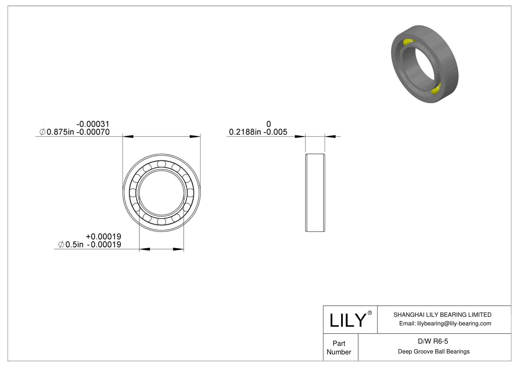 D/W R6-5 Stainless Steel Deep Groove Ball Bearings cad drawing