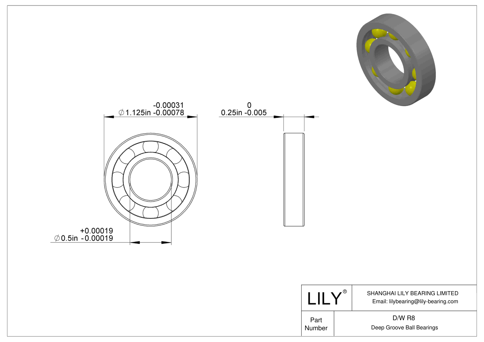 D/W R8 Stainless Steel Deep Groove Ball Bearings cad drawing