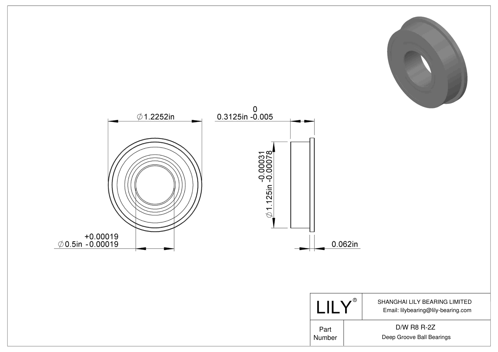 D/W R8 R-2Z Flanged Ball Bearings cad drawing