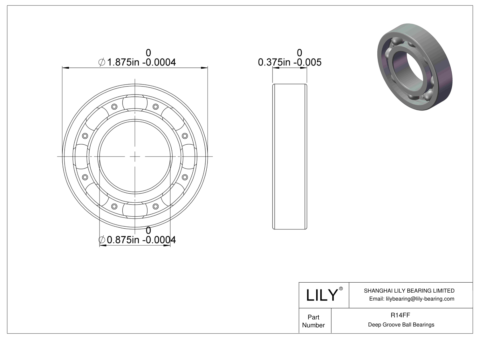 R14FF Single Row Deep Groove Ball Bearings cad drawing