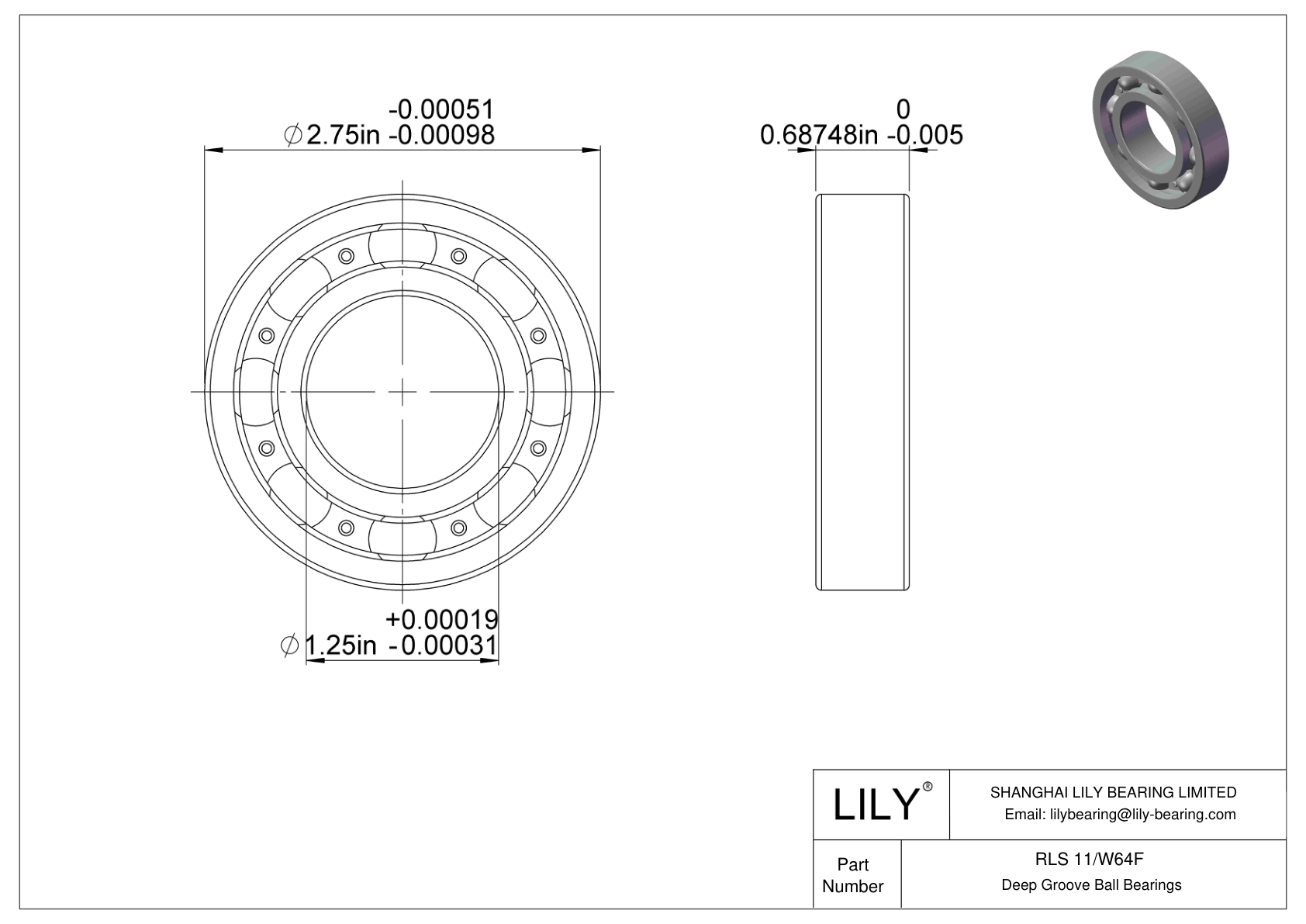 RLS 11/W64F Single Row Deep Groove Ball Bearings cad drawing