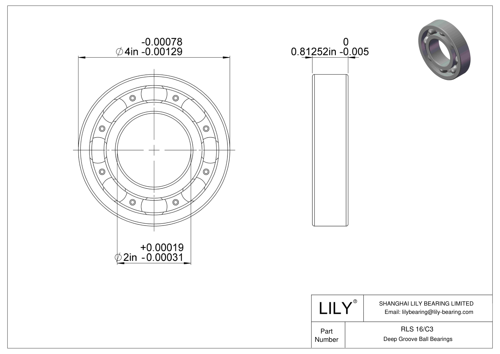 RLS 16/C3 Single Row Deep Groove Ball Bearings cad drawing