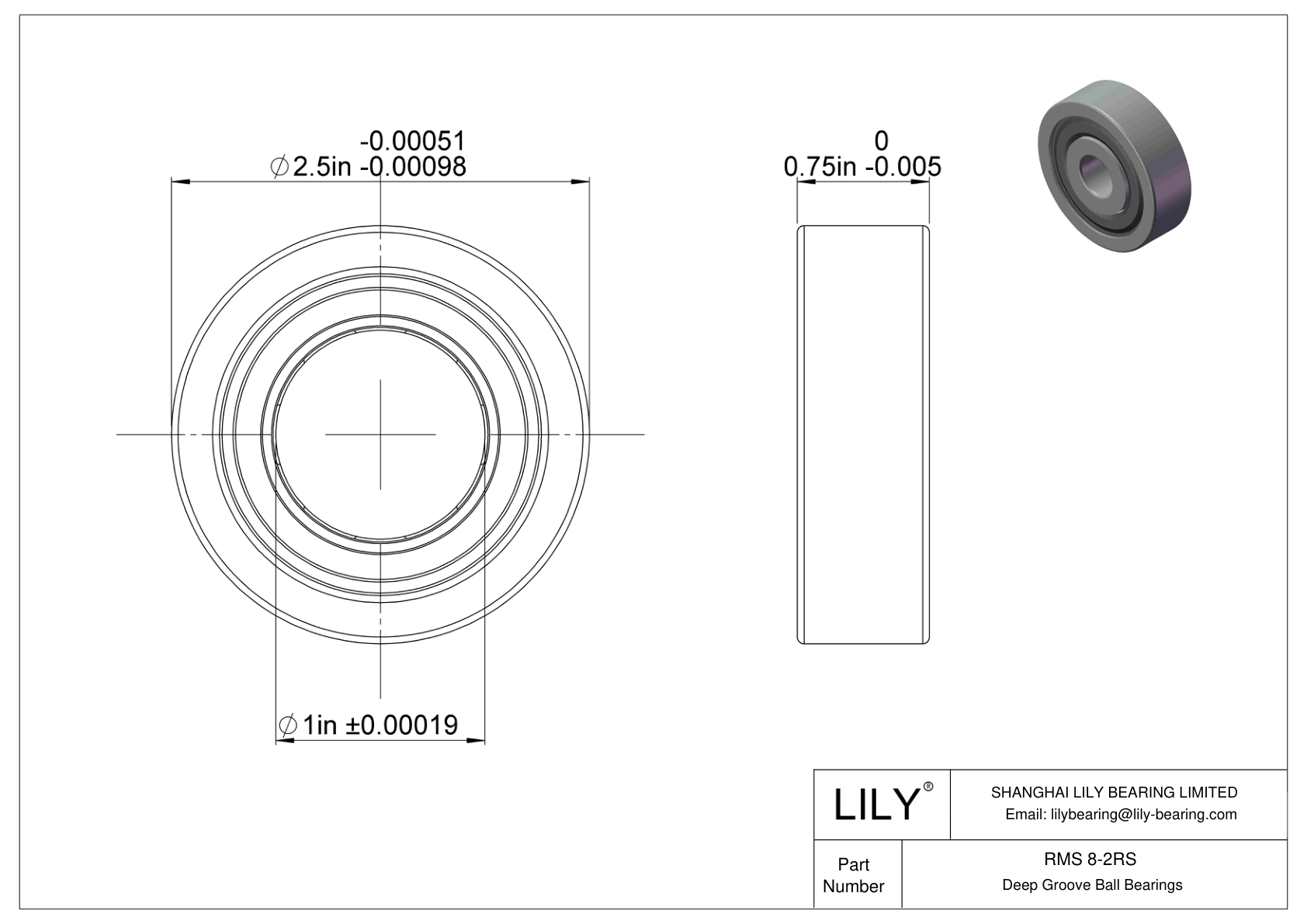 RMS 8-2RS Single Row Deep Groove Ball Bearings cad drawing