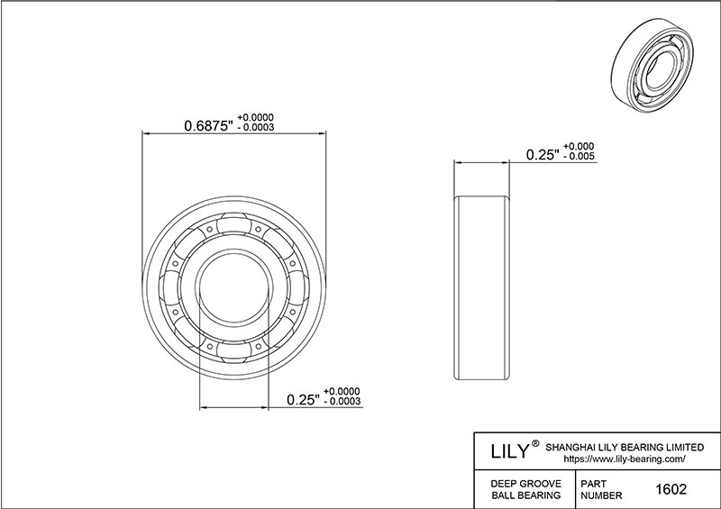 S1602 AISI440C Stainless Steel Ball Bearings cad drawing