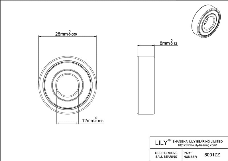 S6001zz AISI440C Stainless Steel Ball Bearings cad drawing