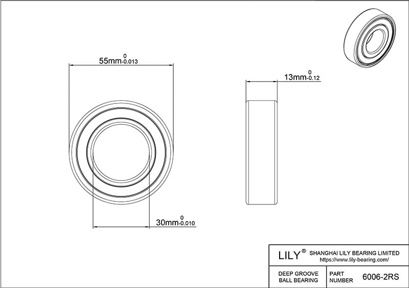 S6006 2rs AISI440C Stainless Steel Ball Bearings cad drawing