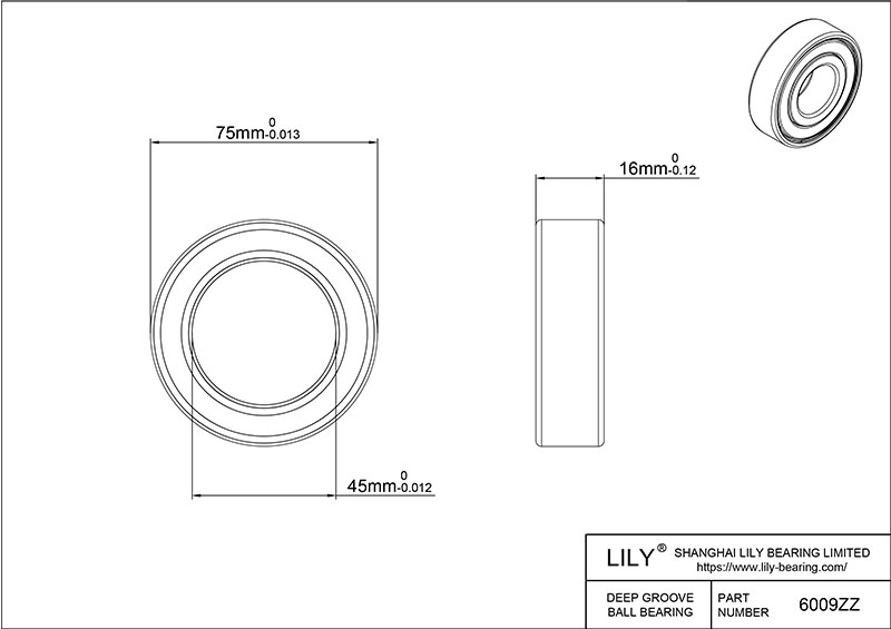 S6009zz AISI440C Stainless Steel Ball Bearings cad drawing