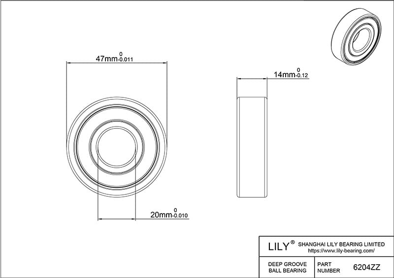 S6204zz AISI440C Stainless Steel Ball Bearings cad drawing