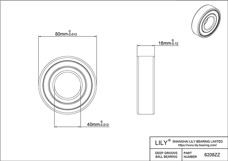 S6208zz AISI440C Stainless Steel Ball Bearings cad drawing