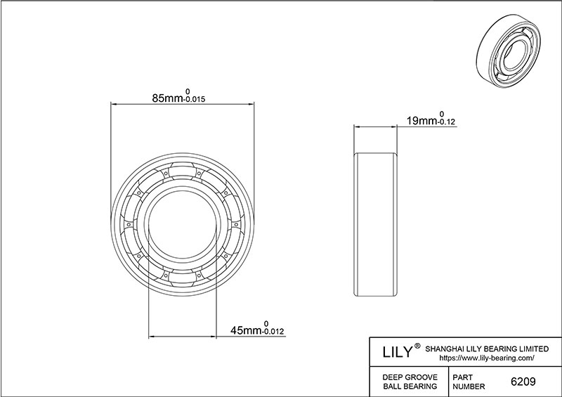 S6209 AISI440C Stainless Steel Ball Bearings cad drawing