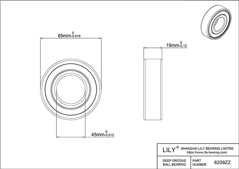 S6209zz AISI440C Stainless Steel Ball Bearings cad drawing