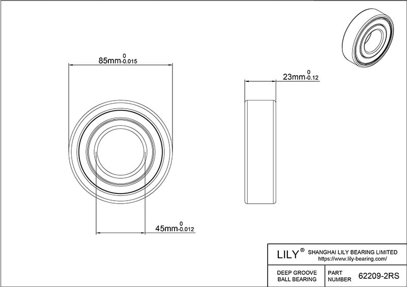 S62209 2rs AISI440C Stainless Steel Ball Bearings cad drawing