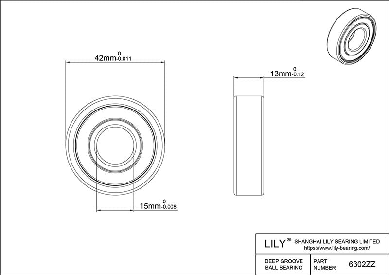 S6302zz AISI440C Stainless Steel Ball Bearings cad drawing