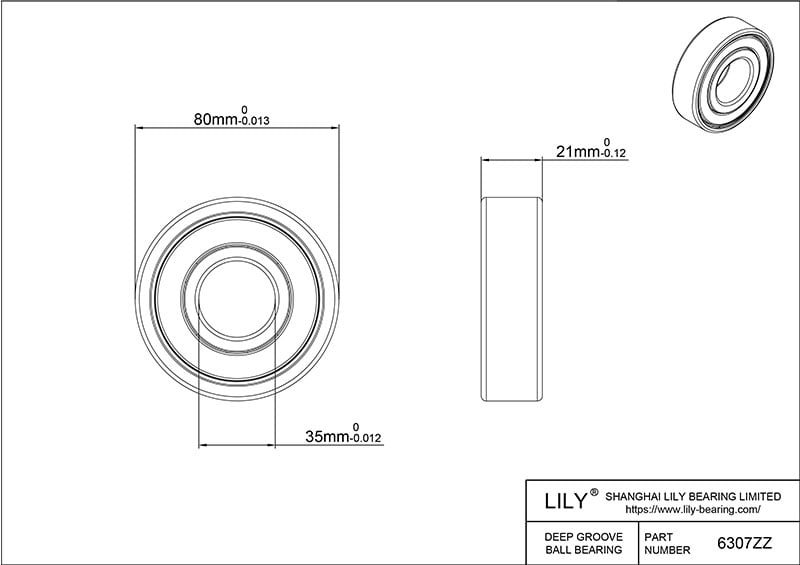 S6307zz AISI440C Stainless Steel Ball Bearings cad drawing