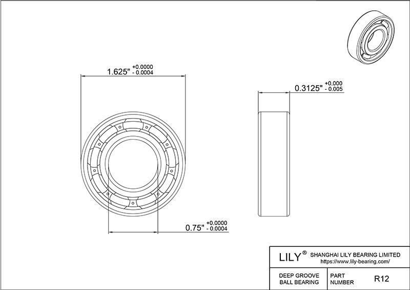 SR12 AISI440C Stainless Steel Ball Bearings cad drawing