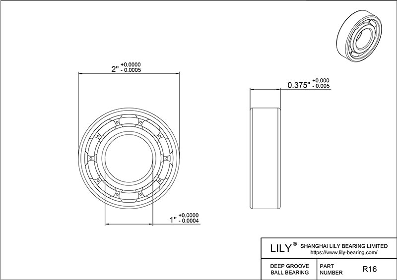 SR16 AISI440C Stainless Steel Ball Bearings cad drawing