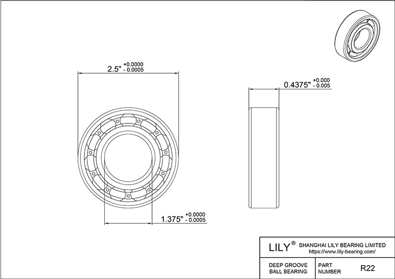 SR22 AISI440C Stainless Steel Ball Bearings cad drawing