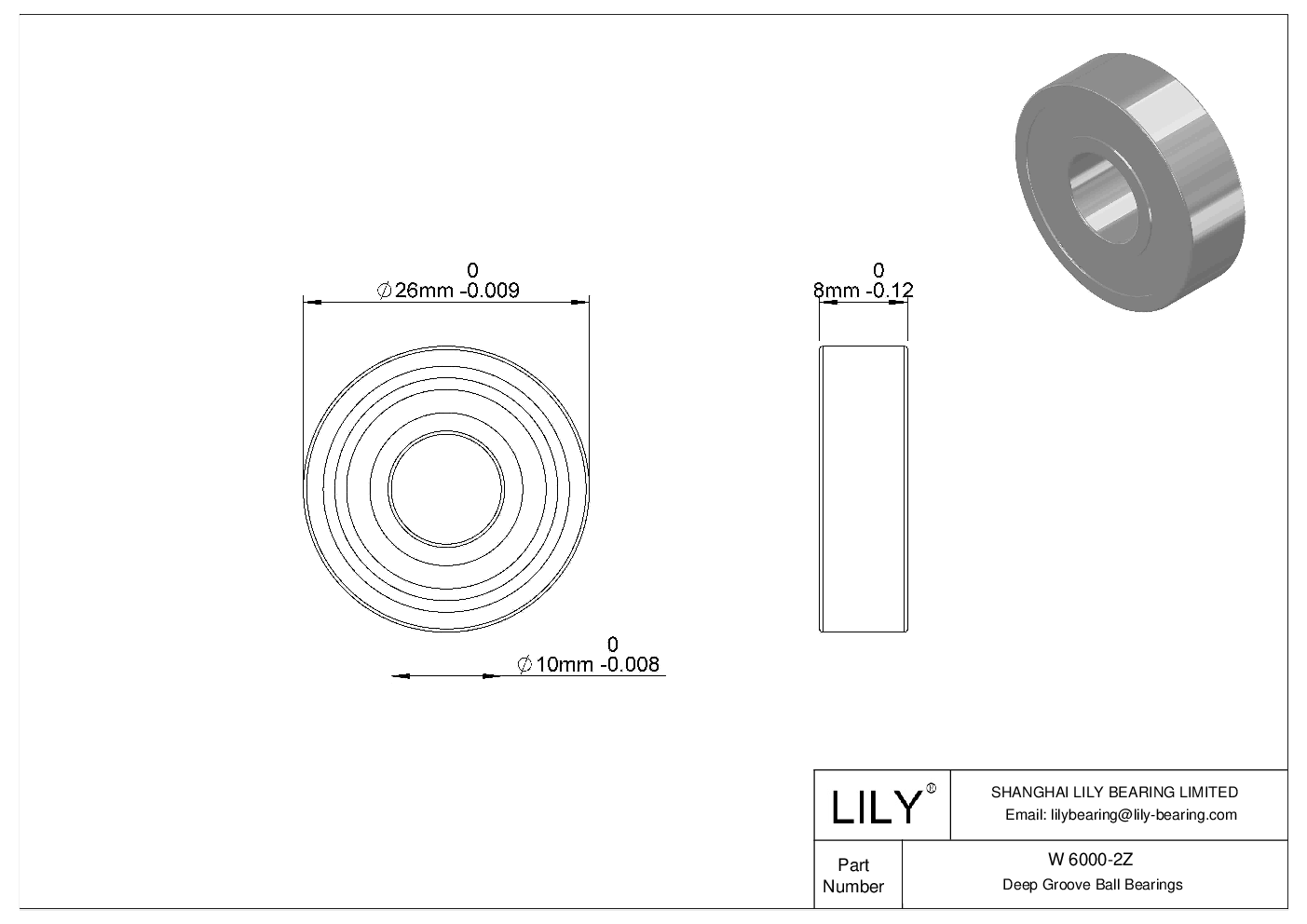 W 6000-2Z Stainless Steel Deep Groove Ball Bearings cad drawing