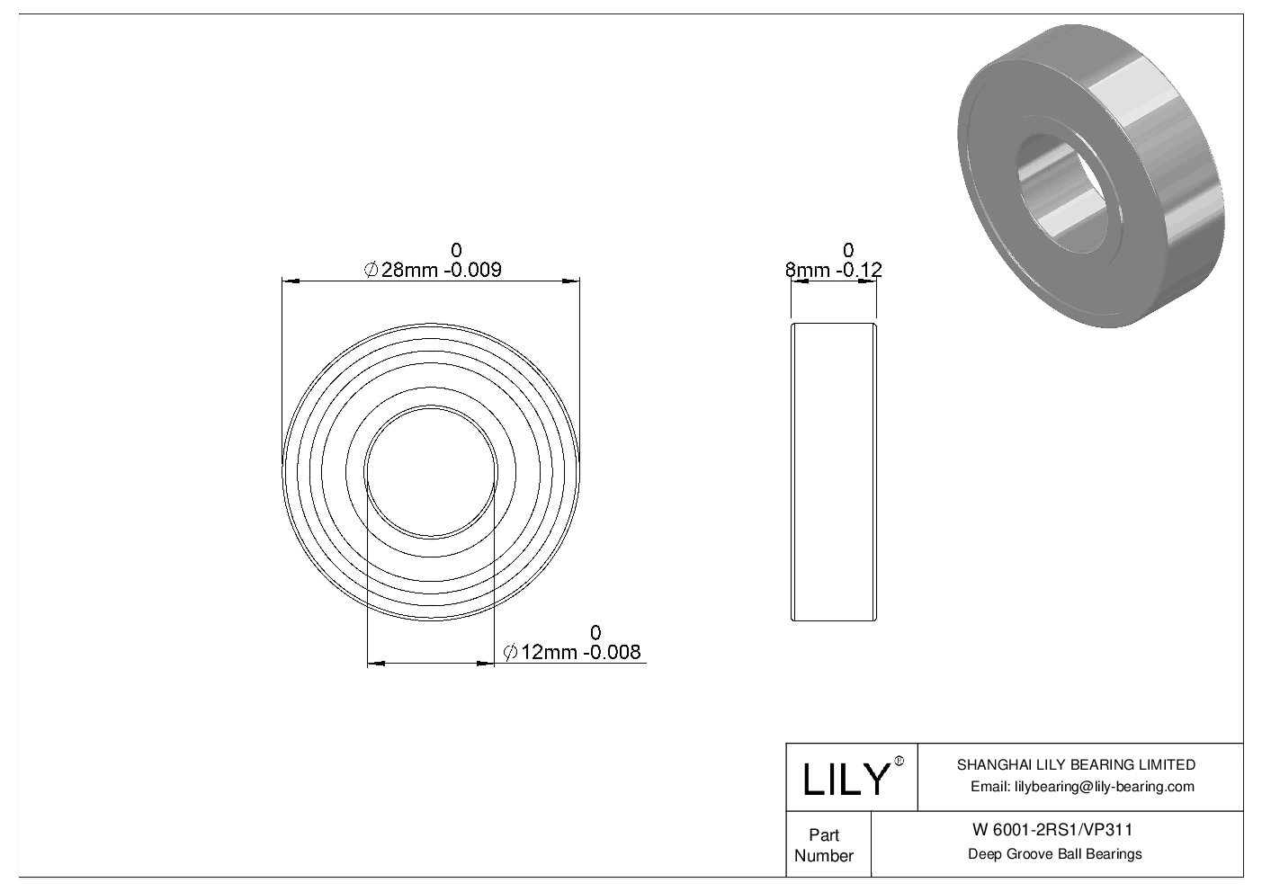 W 6001-2RS1/VP311 Rodamientos rígidos de bolas de acero inoxidable cad drawing