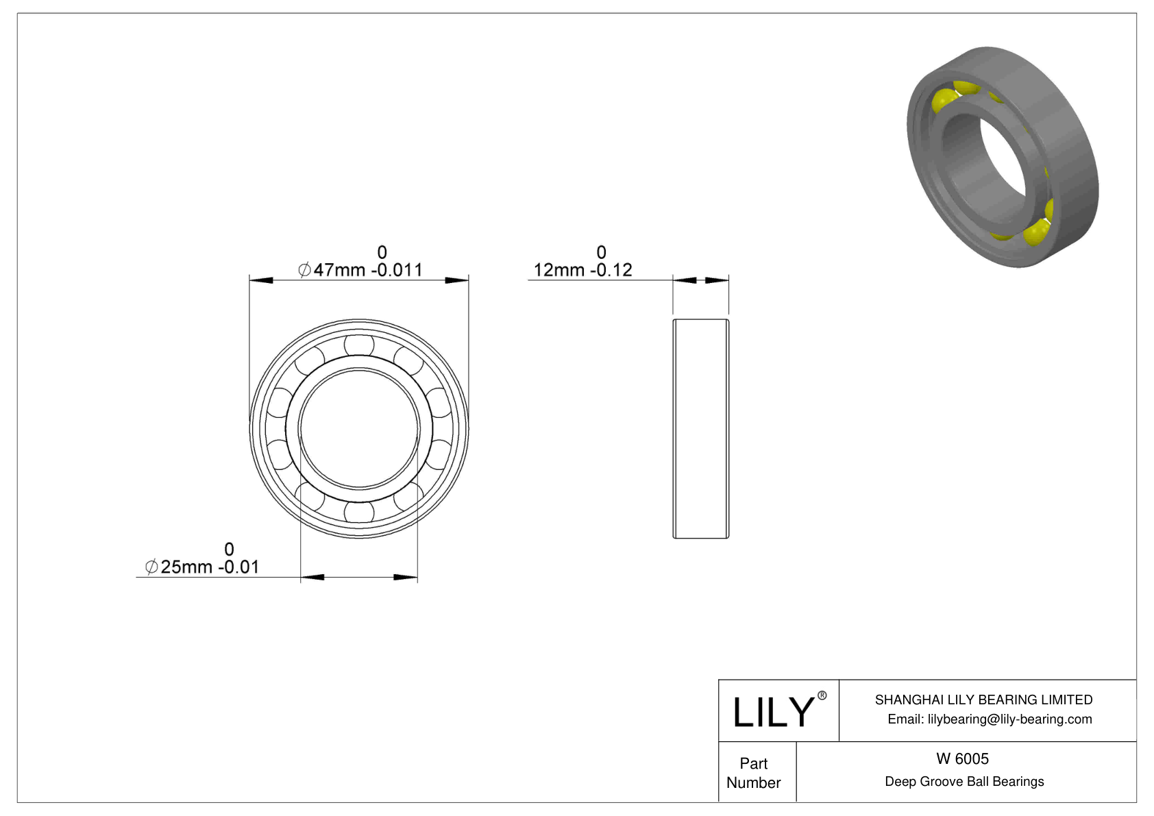 W 6005 Stainless Steel Deep Groove Ball Bearings cad drawing