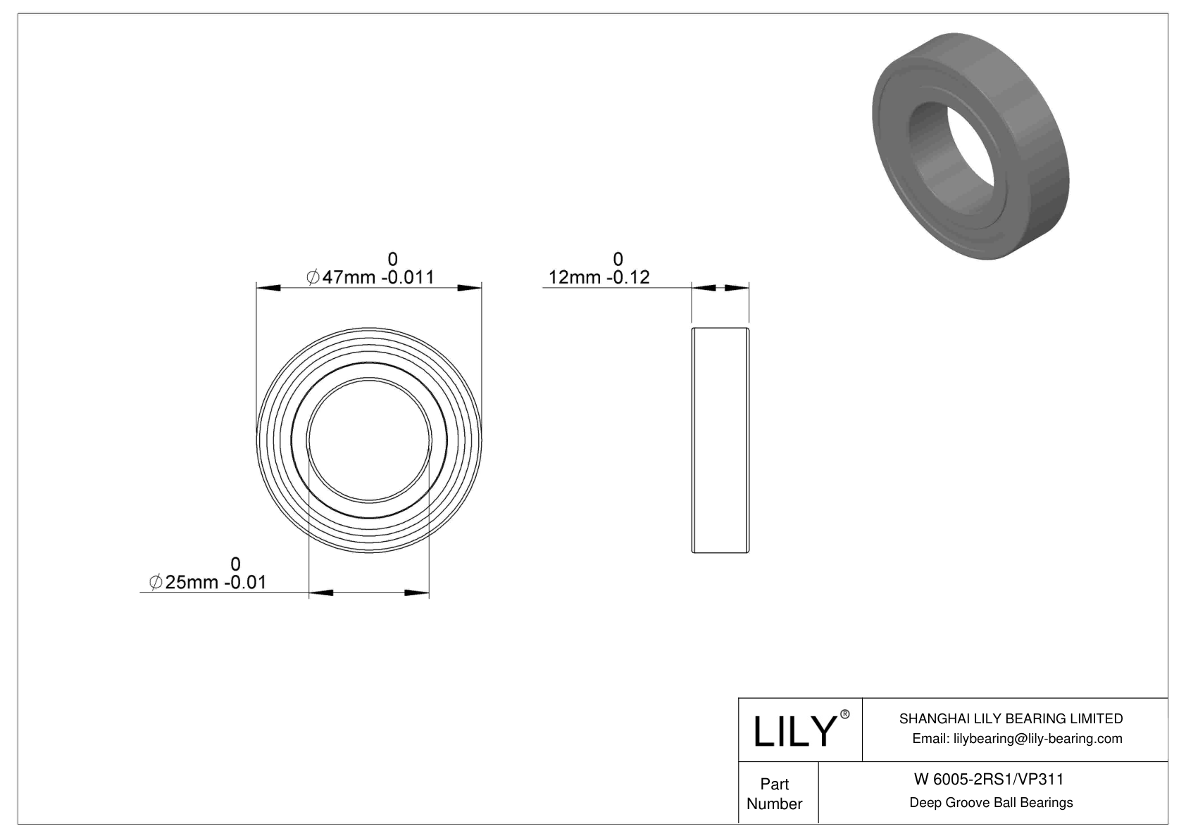 W 6005-2RS1/VP311 Stainless Steel Deep Groove Ball Bearings cad drawing