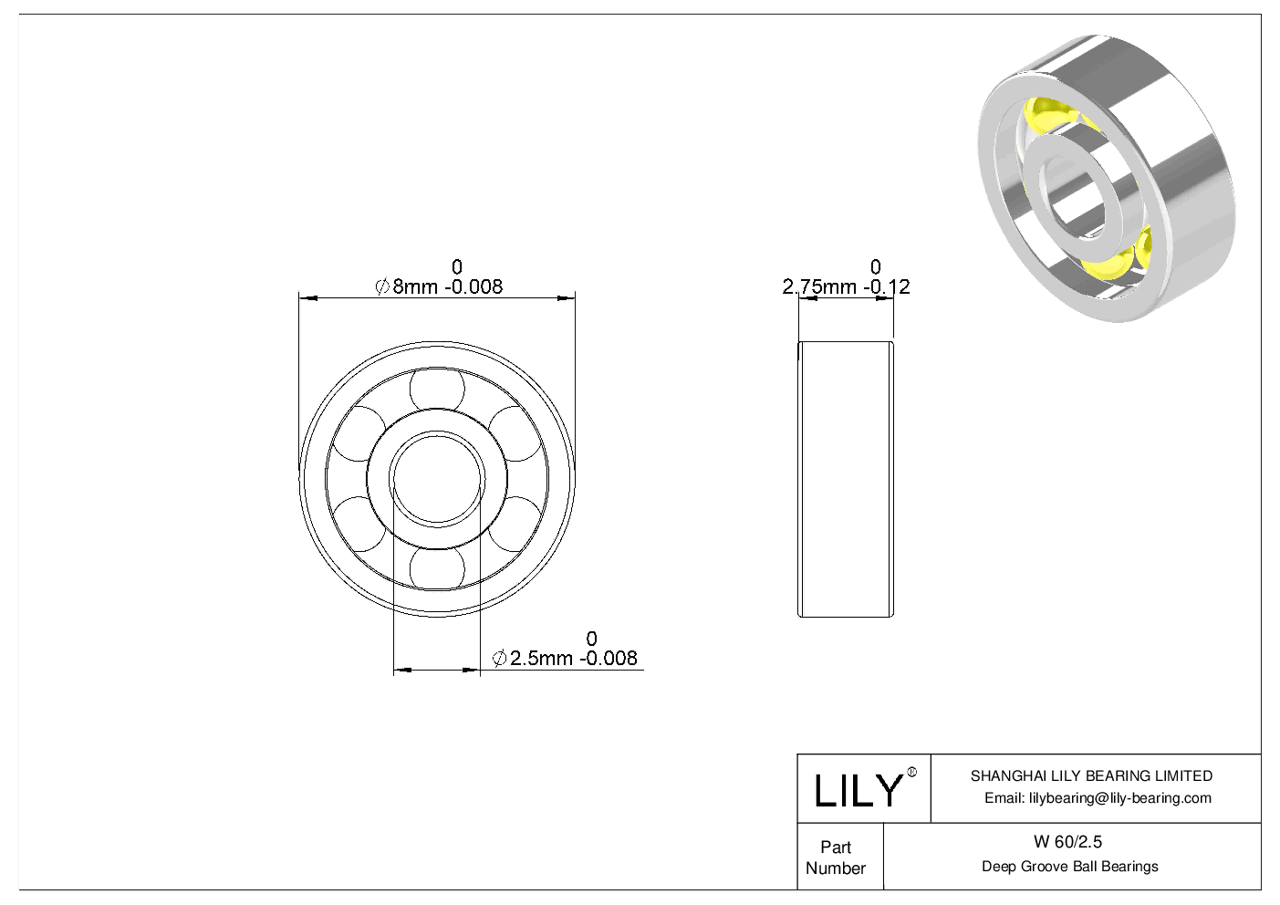 W 60/2.5 Stainless Steel Deep Groove Ball Bearings cad drawing